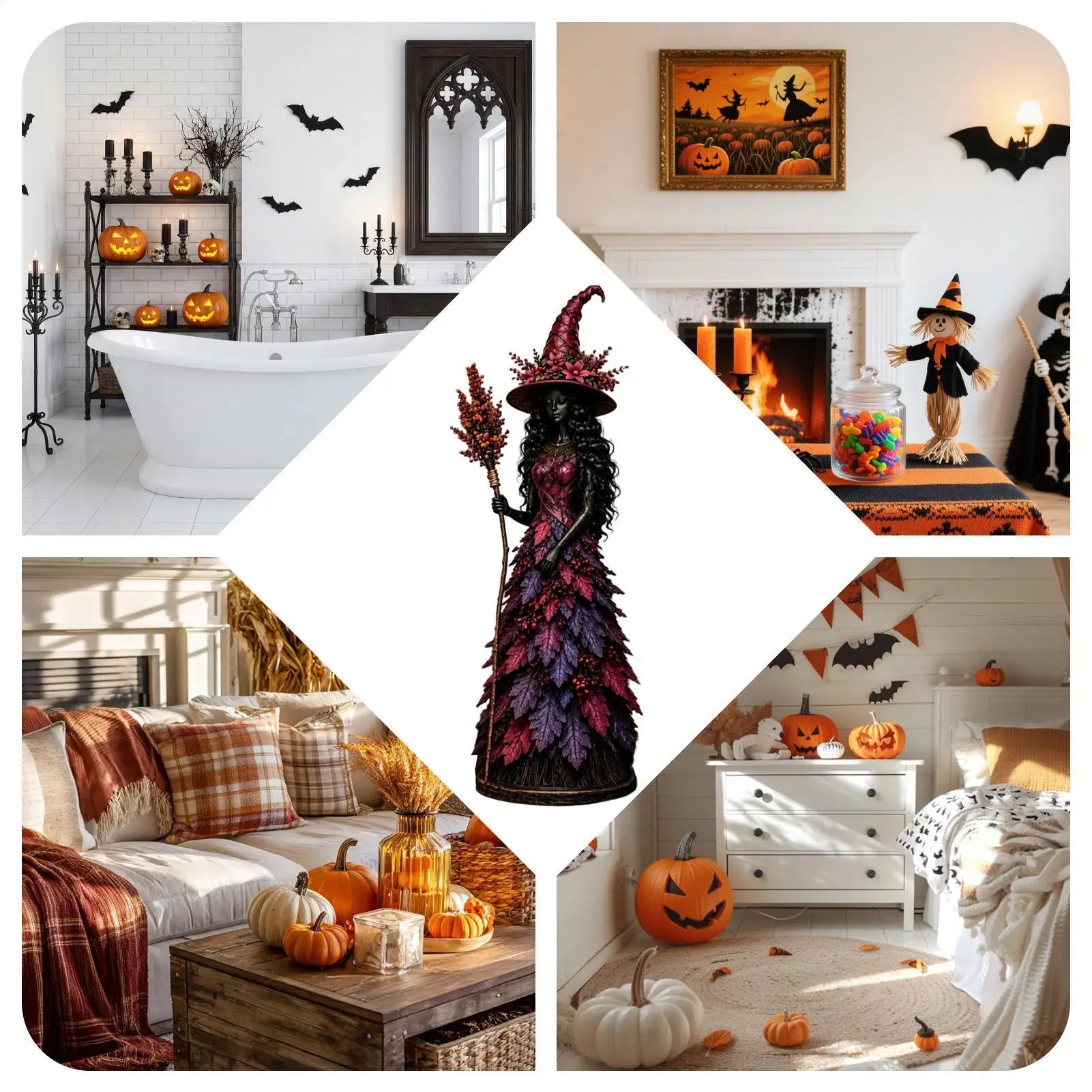 Halloween Witch Figurine Resin Seasonal Table Centerpiece Leaves Gown Qme