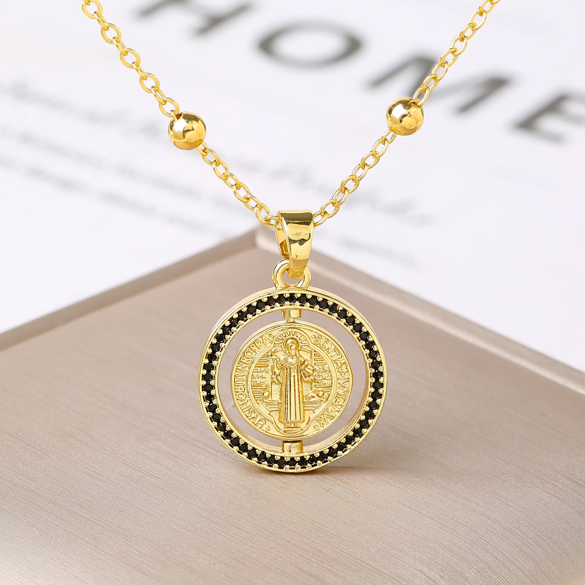 New Fashion Round Rotating St. Benedict Zirconia Pendant Necklace—Lucky for Women's Party Gold/Rose Gold Jewelry Amulet Gift Qme 1