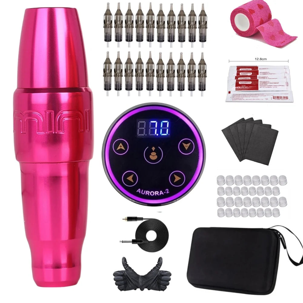 Brand New MINI PMU Permanent Makeup Tattoo Pen Machine Gun Kit Set Rotary Swiss Motor For Eyebrow Lip With Carry Case Box Supply Qme Rosered Kit BK
