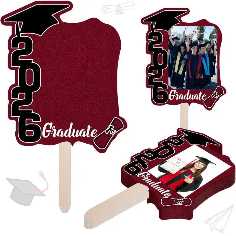 12Pcs Class Of 2026 Grad Photo Props Blank DIY Photo Frame Graduation Party Souvenirs Graduation Cutout Face Fans With Handle Qme Dark red