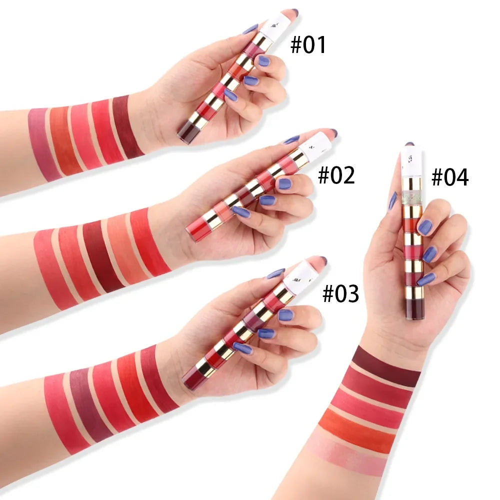5 In 1 Matte Lipstick Kit Combo Strip Velvet Sexy Red Lip Tint Non-stick Cup Lip Gloss Lip Oil Makeup Lips Cosmetic Set Qme