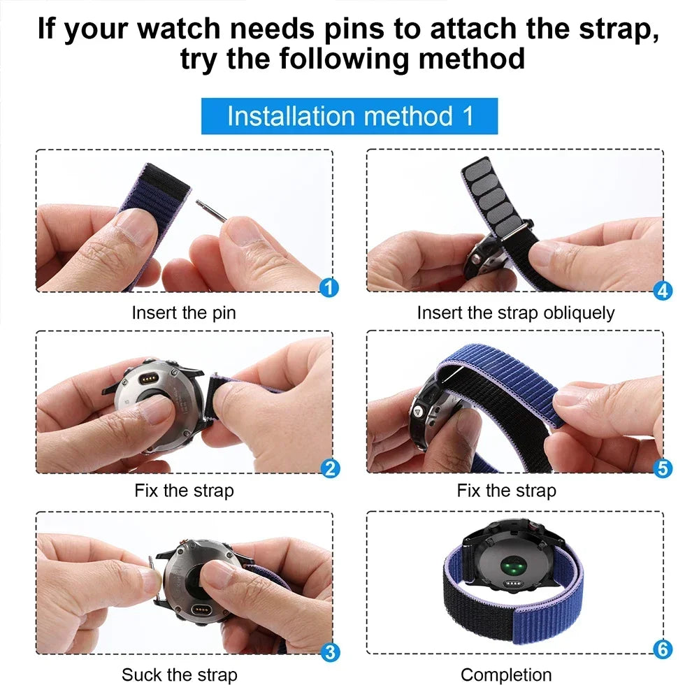 26mm 22mm Hook Loop Nylon Strap Watchband For Garmin Fenix 6X 6 Pro 5X 5 7X 7 Epix 2 Forerunner 965 955 945 935 Watch Bracelet Qme