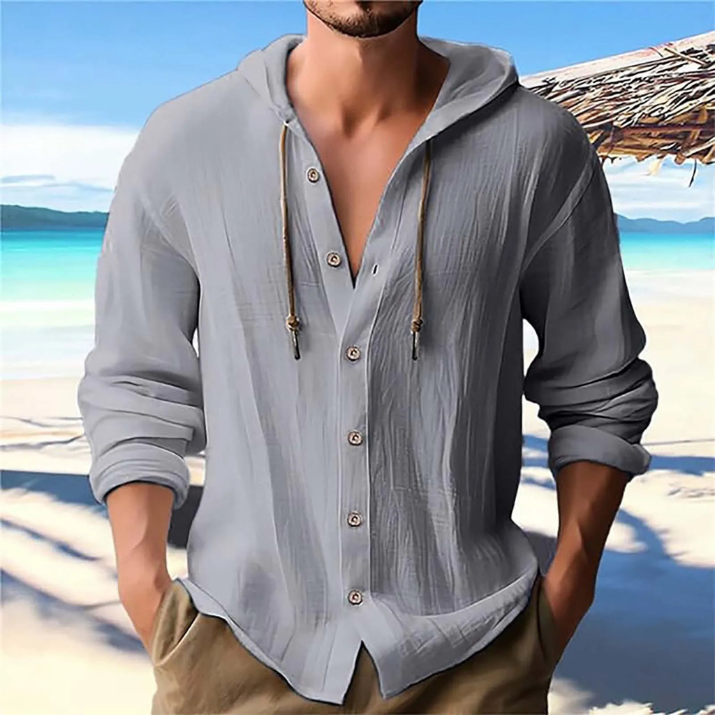 Men's Solid Color Casual Long Sleeved Shirt With Hood And Drawstring Cotton And Linen Cardigan Fashionable Daily Versatile Top Qme Gray M