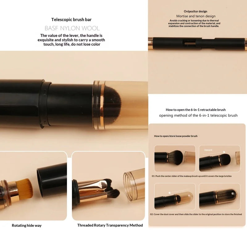 6-in-1 Double Sided Makeup Brush Retractable Portable Mini Travel Qme