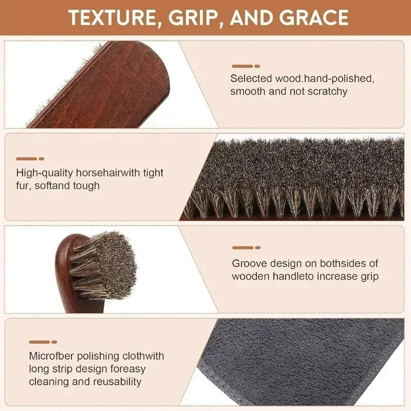 Horsehair Shoe Brush Beech Wood Handle Leather Suede Cleaning Soft Qme