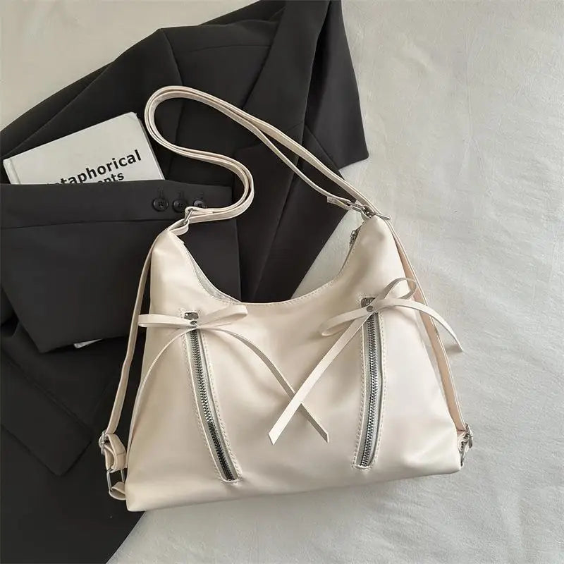 Retro Large Capacity Soft Leather Tote Bag with Knot - Casual Double Shoulder Bag Trendy Sle Women Handbag for Work Qme White