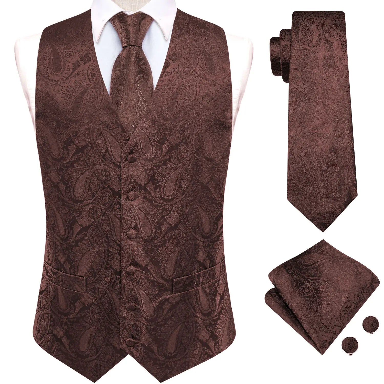 V-neck Waistcoat 4 Men Vest Tie Pocket Square Cufflinks Business Qme MJTZ3555 XXXL