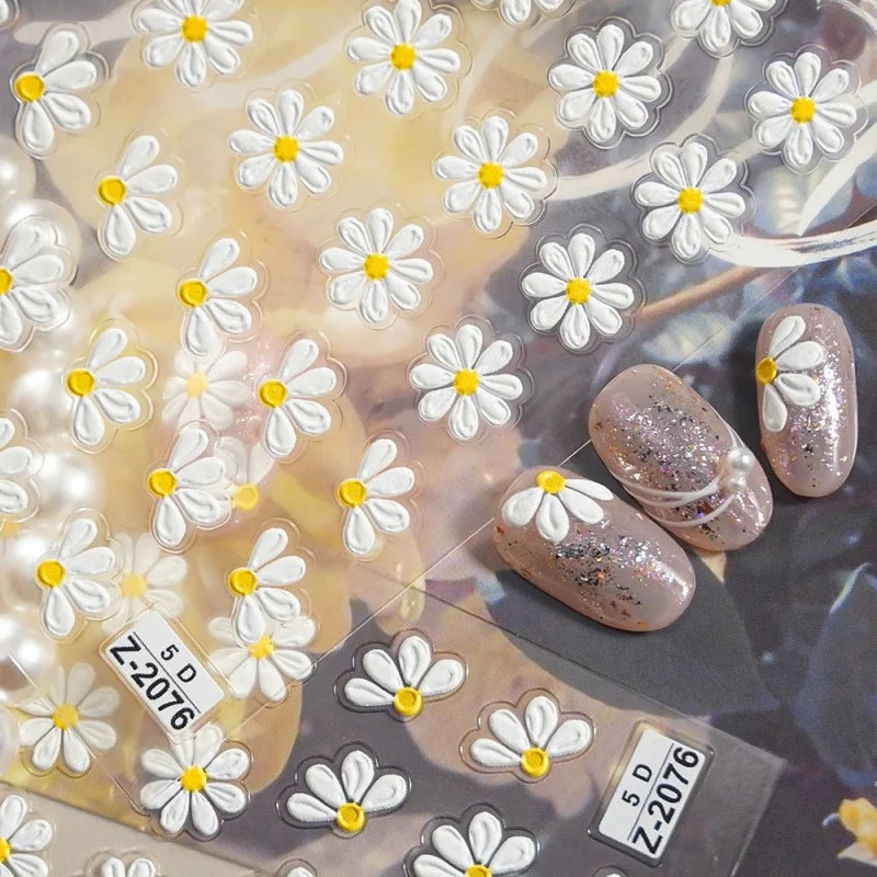 5D Flower Daisy Embossed Stickers Nail Sliders Decals Daisy White Florals Petals Flowers Back Glue Nail Sticker Decoration Qme