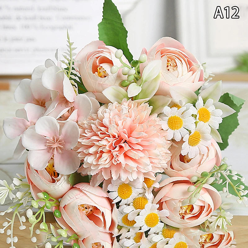 Artificial 1PC Flowers Wedding Home Bedroom Decoration Bridal Bouquet Garden Fake Silk Roses Hydrangeas Vase For Board Outdoors Qme style 18