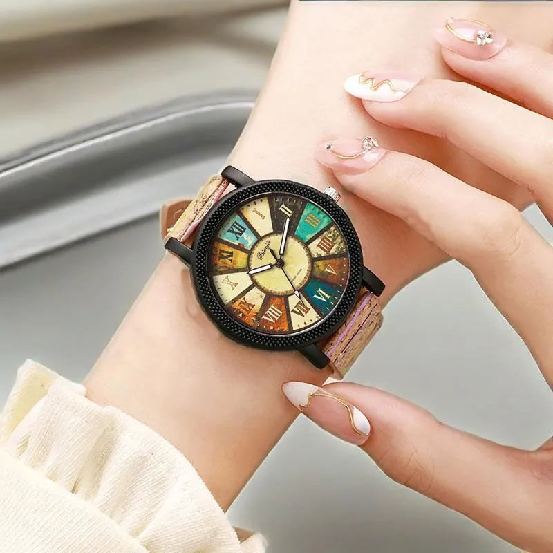 2-piece/set wood grain dial women's watch retro striped pattern leather watch tree strap student watch combination Qme