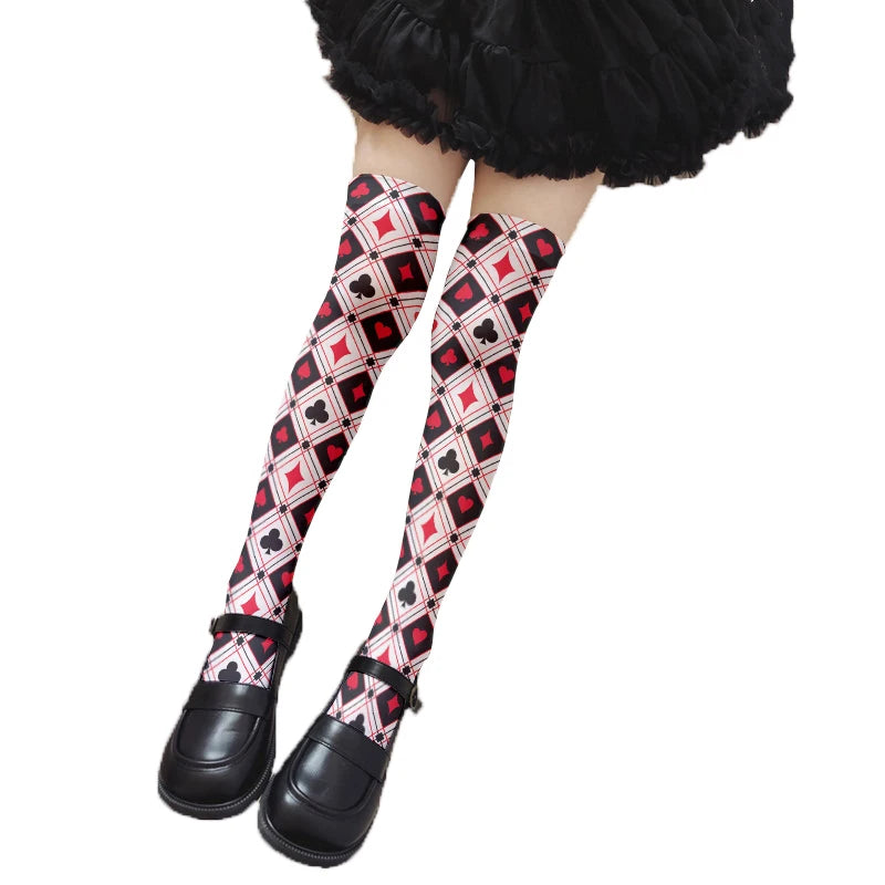 Fashionable Poker Pattern Thigh Stockings Ladies Sexy Love Plaid Qme style6 One Size