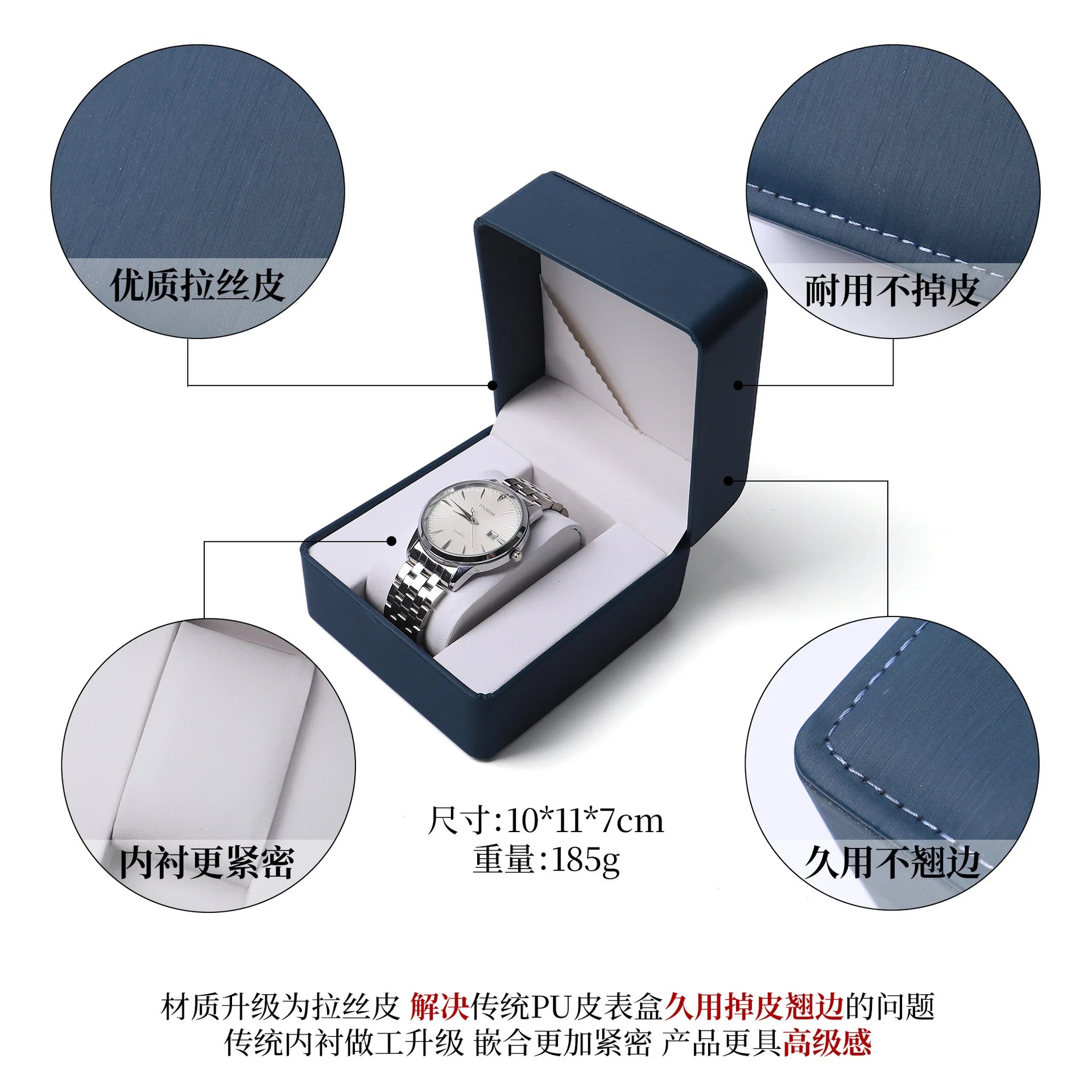 Premium PU Leather Single Watch Gift Box with Pillow Wristwatch Display Case Organizer for Men Women Qme Upgraded Navy Blue