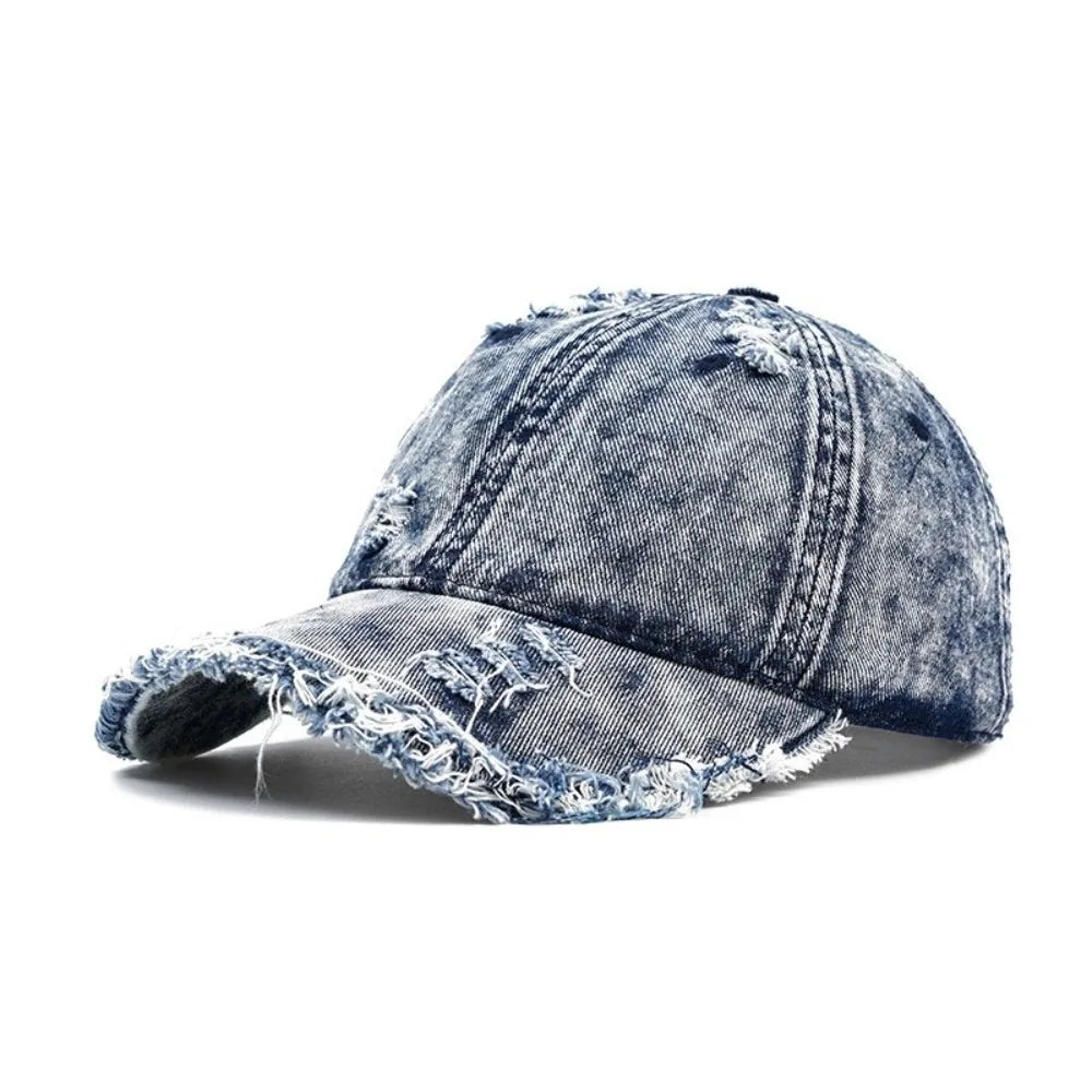 Vintage Washed Denim Baseball Cap Distressed Ripped Fringe Frayed Qme Dark Blue
