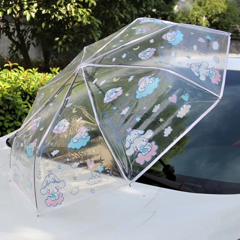 Hello Kitty Kuromi Cartoon Transparent Umbrella Fully Automatic Folding Thickened Three-Fold Student Umbrella Qme 3 Manual
