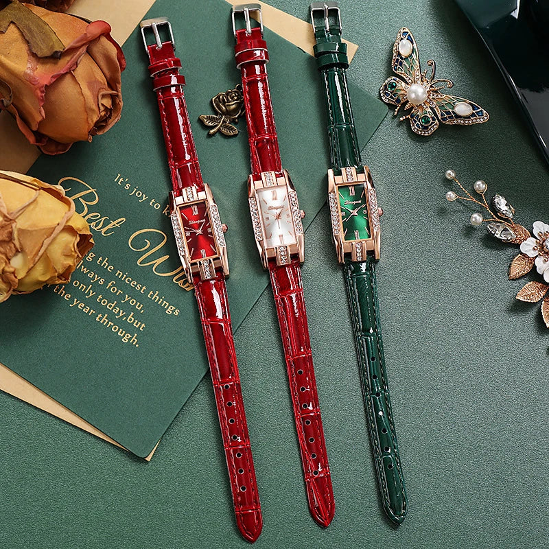 Small Rectangle Crystal Ladies Watch Rose Gold Roman Dial Glossy Leather Strap Women Elegant Dress Quartz Wristwatch Qme