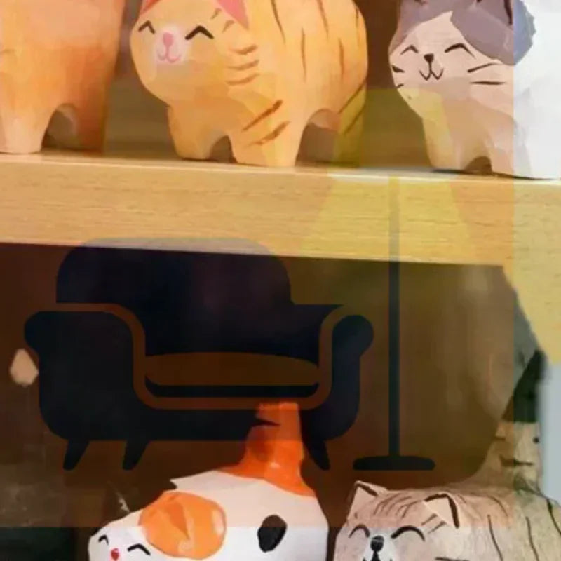 Cute Cat Figurine Decorative Wooden Ornament Miniature Kitten Home Bedroom Office Desk Decoration Gift Statue Qme