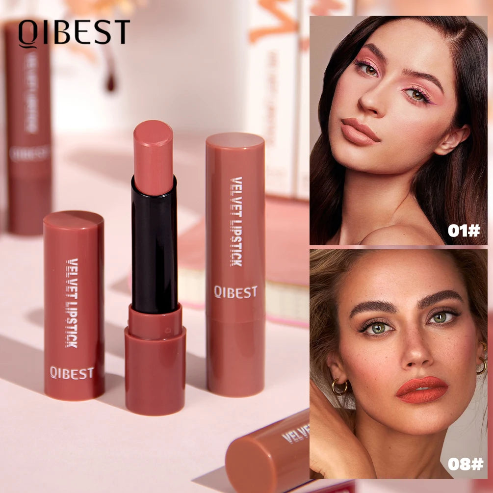 QIBESTNatural Velvet Matte Lipstick Long-lasting 10 Color Lip Stain Lightweight Moisturizing Lip Balm Women Makeup New Lip Tint Qme