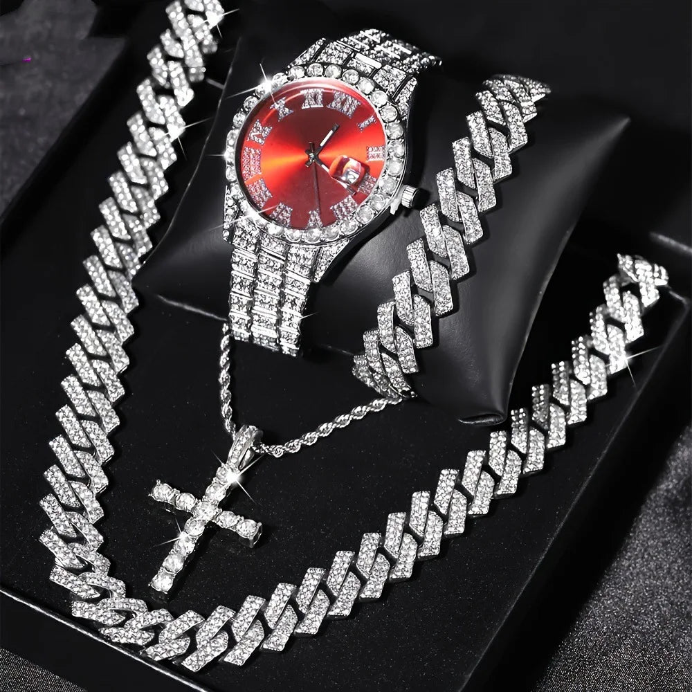 Men's Bling Jewelry Set: Iced Out Watch + Cuban Link Chain + Cross Pendant Necklace + Bracelet, 4Pcs Hip Hop Set Qme Rose