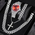 Men's Bling Jewelry Set: Iced Out Watch + Cuban Link Chain + Cross Pendant Necklace + Bracelet, 4Pcs Hip Hop Set Qme Rose