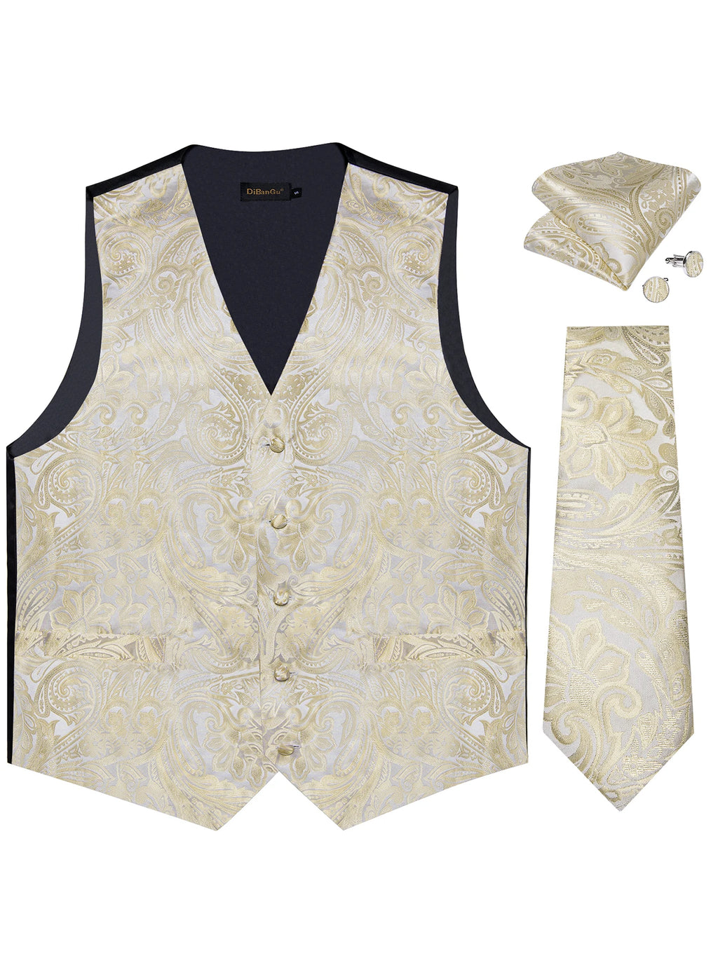 Men's Champagne Golden Paisley Suit Vest & Tie Set – Formal Waistcoat with Pocket Square, Perfect for Weddings Business Events Qme