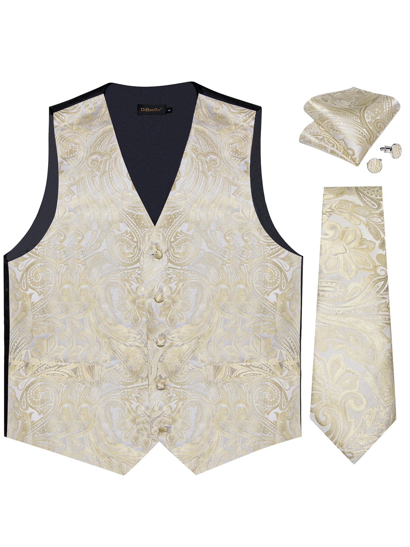 Men's Champagne Golden Paisley Suit Vest & Tie Set – Formal Waistcoat with Pocket Square, Perfect for Weddings Business Events Qme