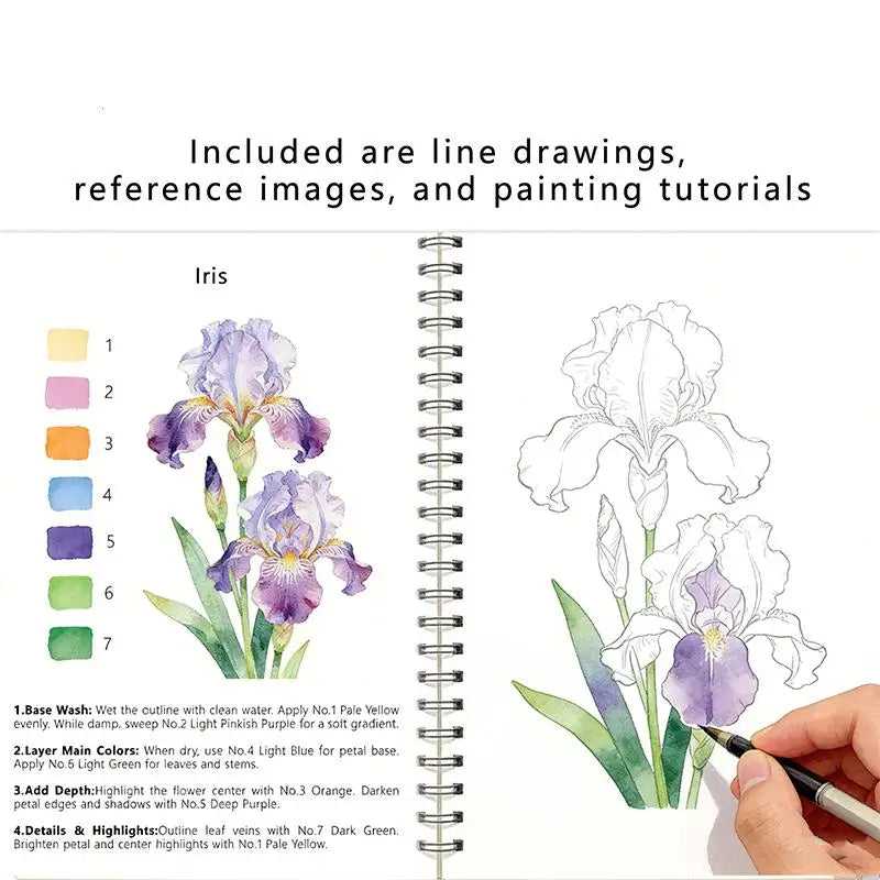 Spiral Bound Watercolor Flower Workbook Thick Paper Easy Guides Qme