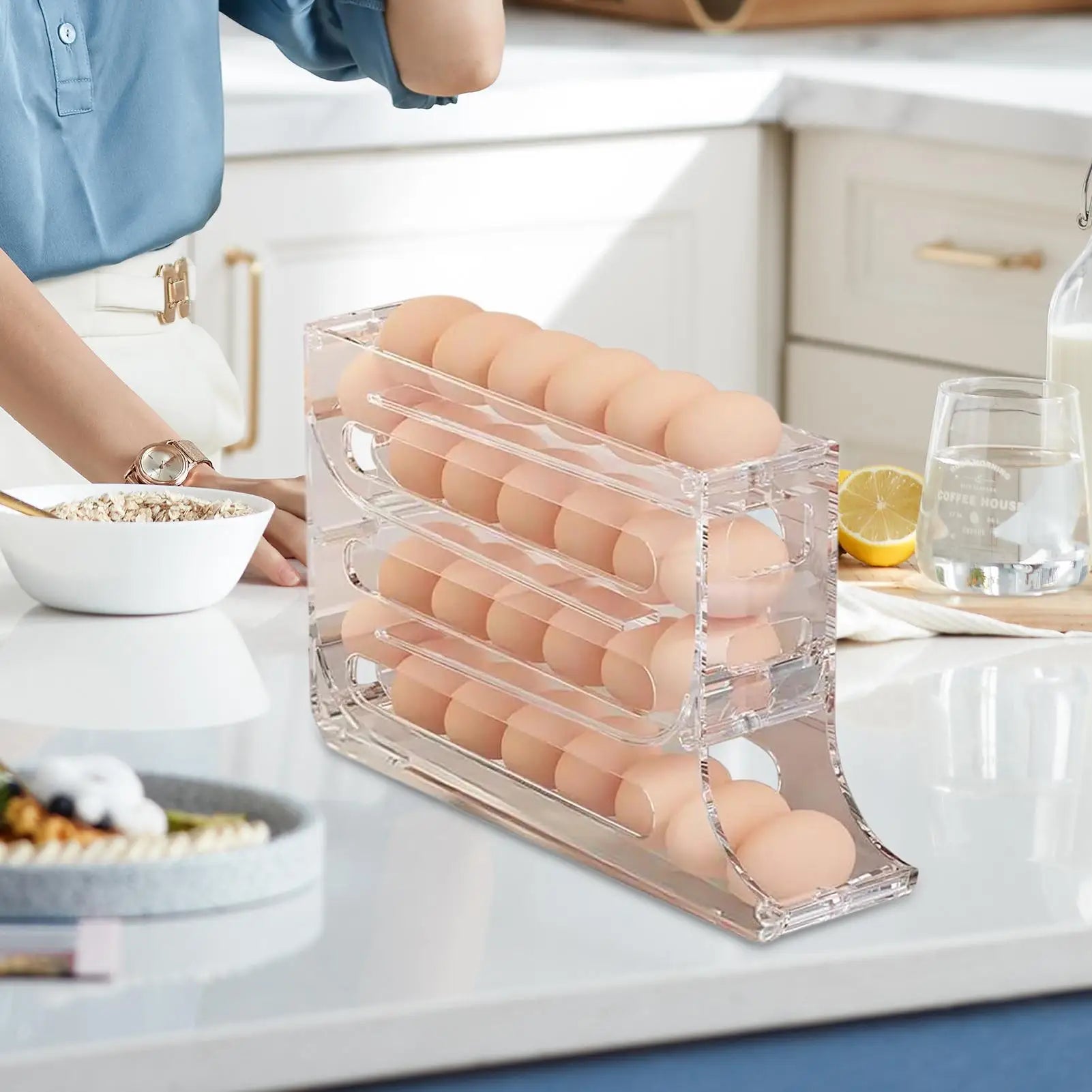 Egg Rack Refrigerator Auto Rolling 4-Layer Fridge Dispenser Qme