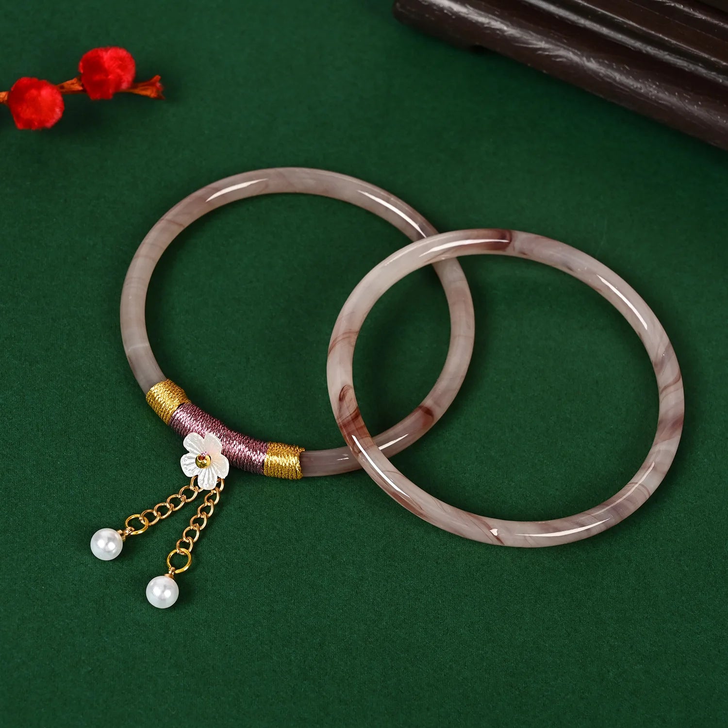 2Pcs/Set Natural Jade Jingle Bangles Retro Simple Fairy Flower Glass Bracelet Femme Fashion Women's Casual China Jewelry Gifts Qme PURPLE 60mm