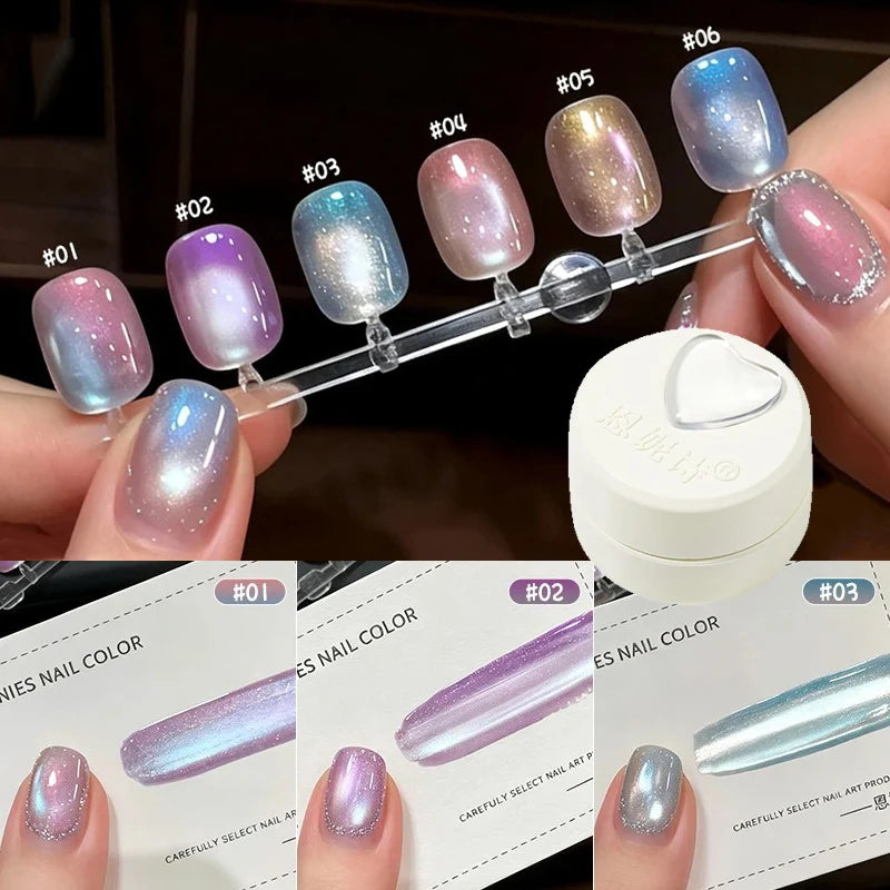 New Cat Eye Nail Gel Polish Set, Taro Purple Milky Shimmer, Magnetic Aurora Glass Bead Effect, Long Lasting Soak Off UV LED Gel Qme