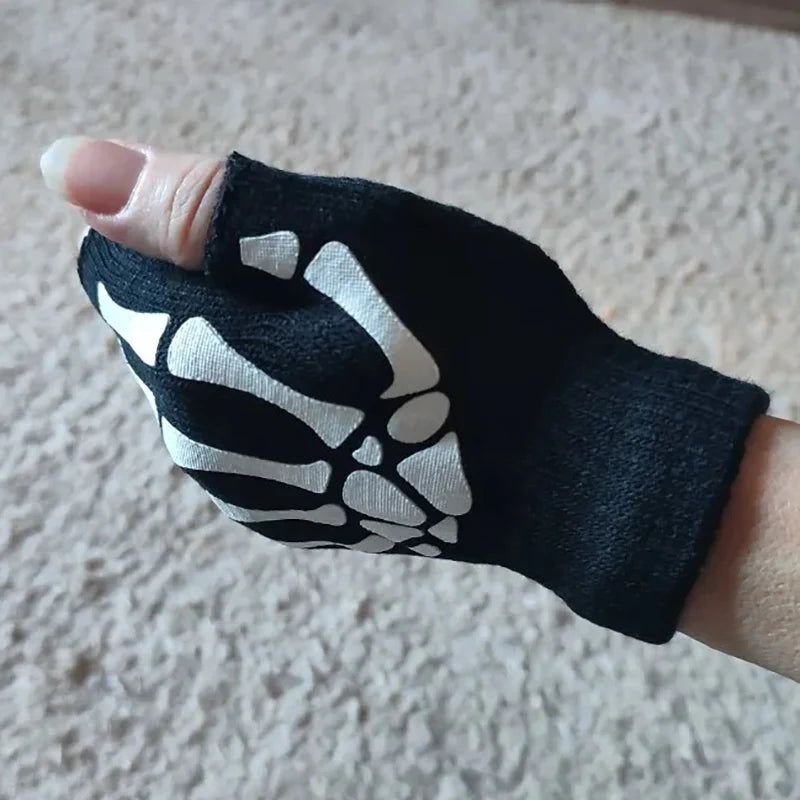 Skull Punk Gloves Black Neutral Half Finger Ghost Claw Knitted Qme
