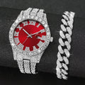 2pçsluxostrassrelógios masculinos moda banda de aço inoxidável analógico relógio de quartzo pulseira conjunto relogios masculino Qme 4
