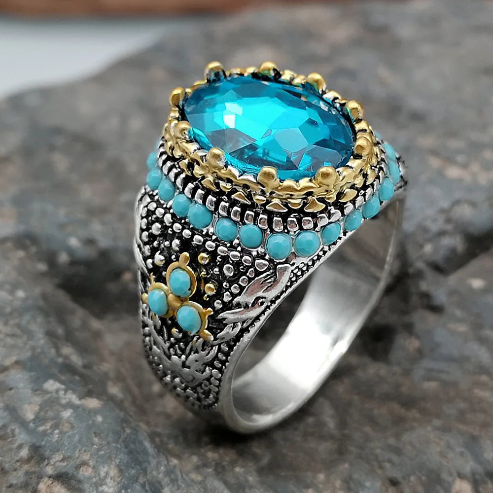 Retro Handmade Turkish Ring for Men Vintage Turquoise Gem Rings Punk 2022 Men's Fashion Jewelry Gifts Qme Blue 7