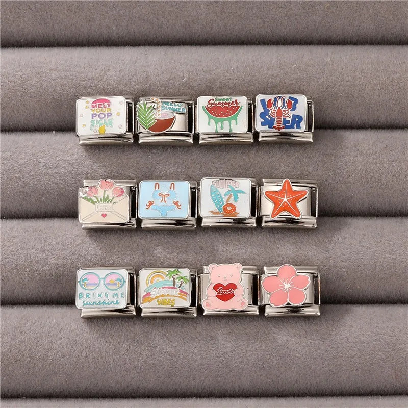 2026 Colour Glaze Red Love Heart Bear Bikini Coconut tree Italian Charm Links Fit 9mm Stainless Steel Bracelet DIY Making Gifts Qme