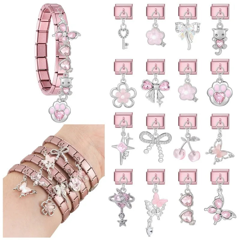 Wholesale Butterfly Bow Stars Love Heart Key Planet Shiny CZ Flower Italian Charms Fit 9mm Stainless Steel Bracelets Jewelrys Qme