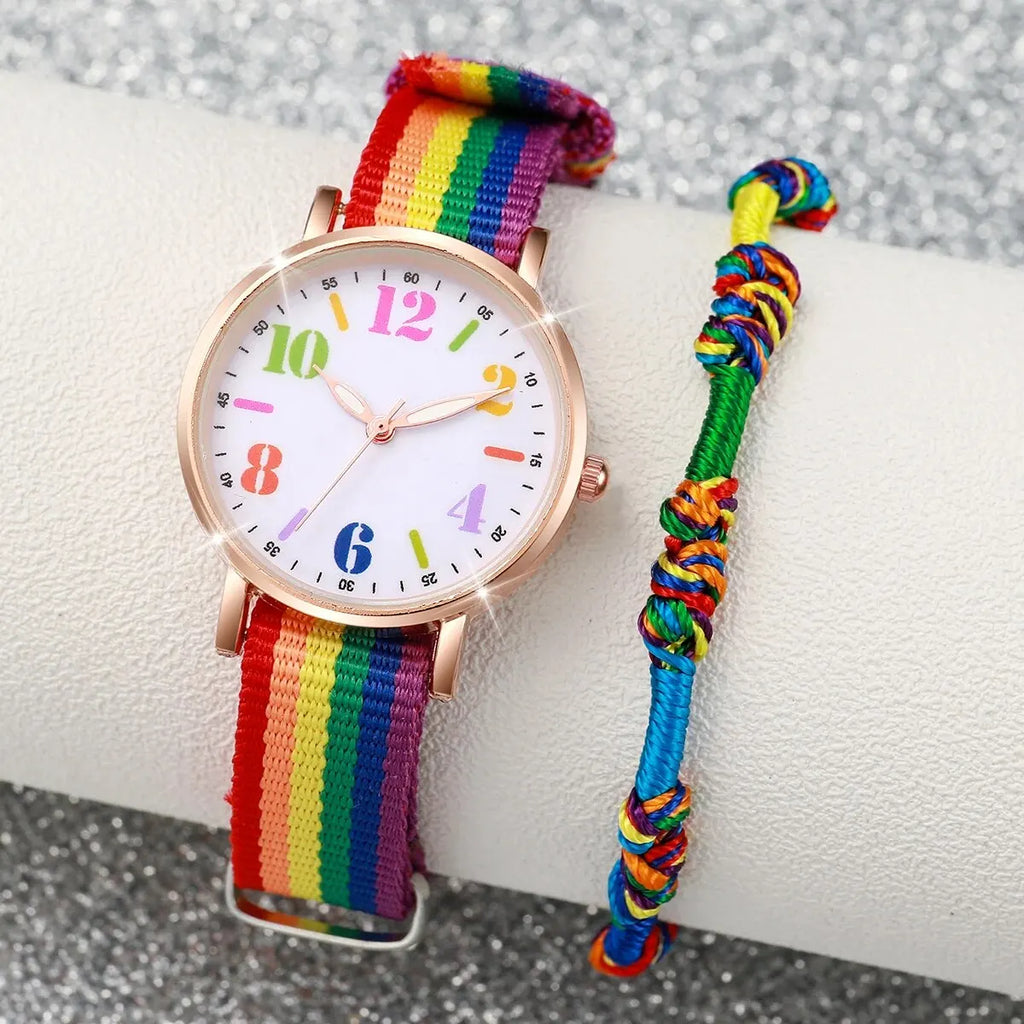 Pride Day Rainbow Watch Bracelet Set For Women Girls Colorful Large Number Dial Nylon Strap Quartz Wrist Watch Student Casual Gi Qme Bronze
