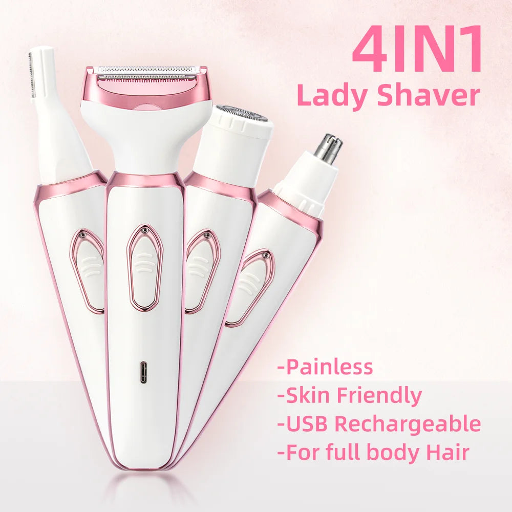 4 In 1 Electric Lady Shaver, Body Hair Removal Epilator, Painless Cordless Trimmer Razor, Gifts For Women Qme