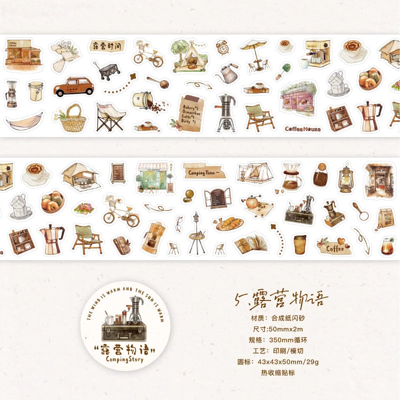 1 Roll Cute Cartoon Food Camping Glitter Die-Cut Tape for DIY Scrapbook Frame Collage Laptop Phone Mug Luggage Guitar Decoration Qme 5