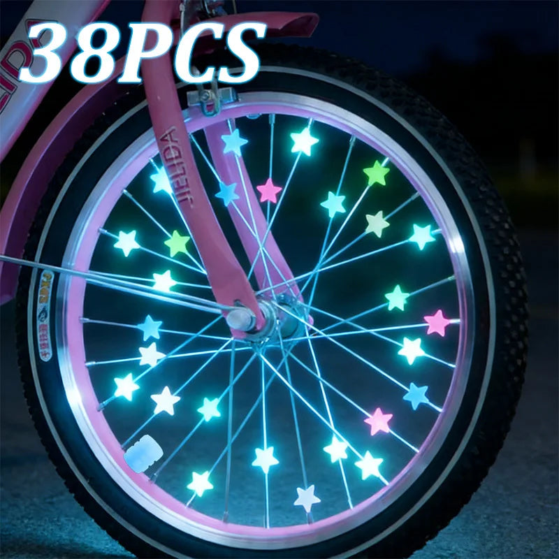 38Pcs Glow-in-the-Dark Spoke Beads & Valve Caps Set, Luminous Star Wheel Decorations for Night Riding Qme