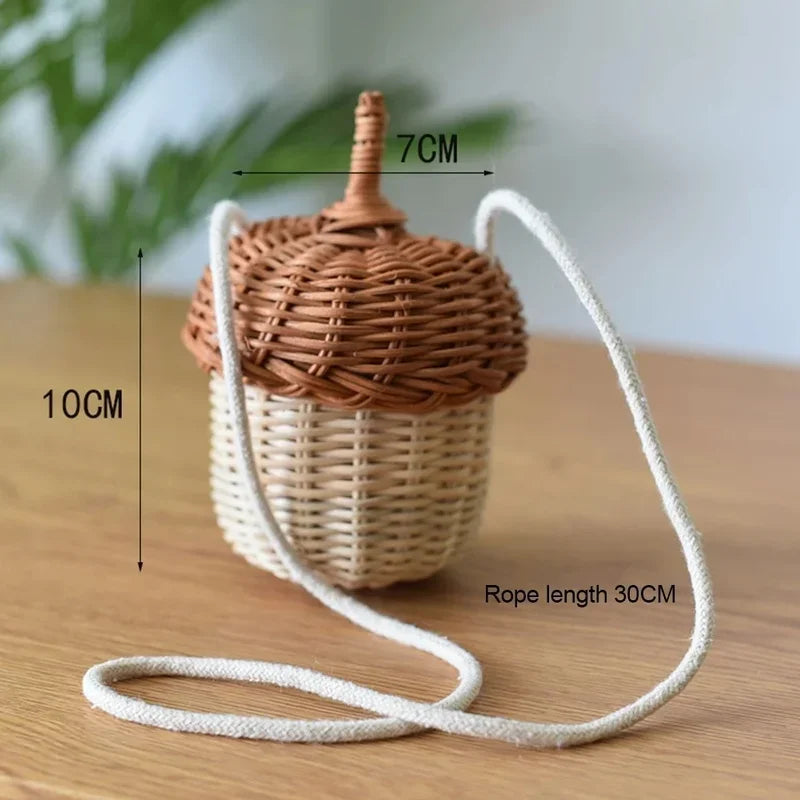 Acorn-shaped Storage Basket Hand-woven Round Rattan Bag Bucket Qme B