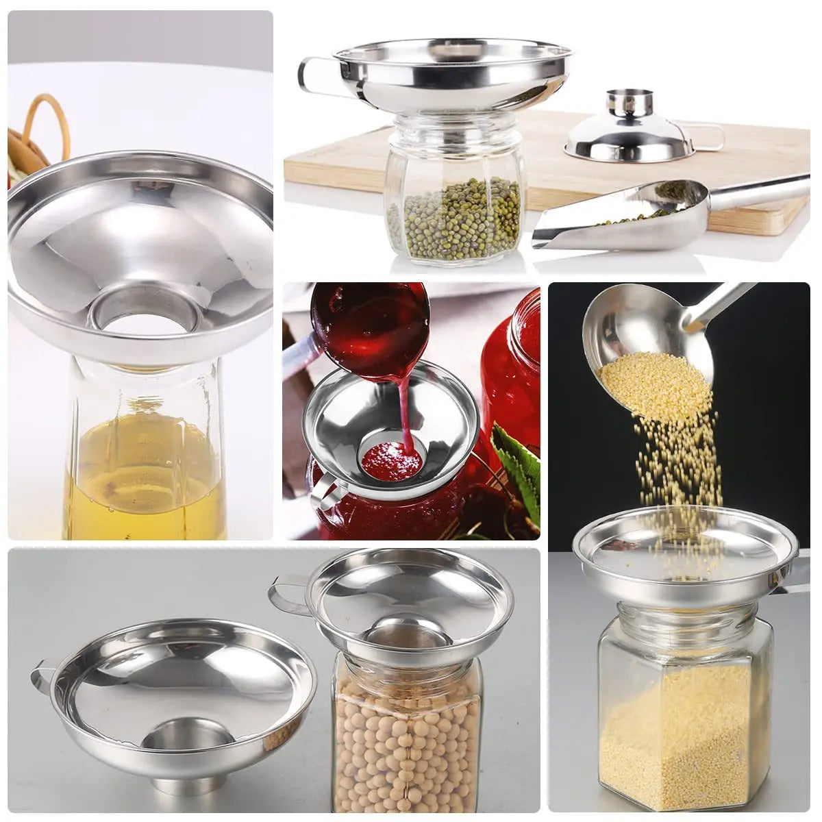 Food Grade Stainless Steel Wide Mouth Kitchen Funnel Set 2 Sizes for Pouring Oil Wine Jam Liquid Canning Spices Qme
