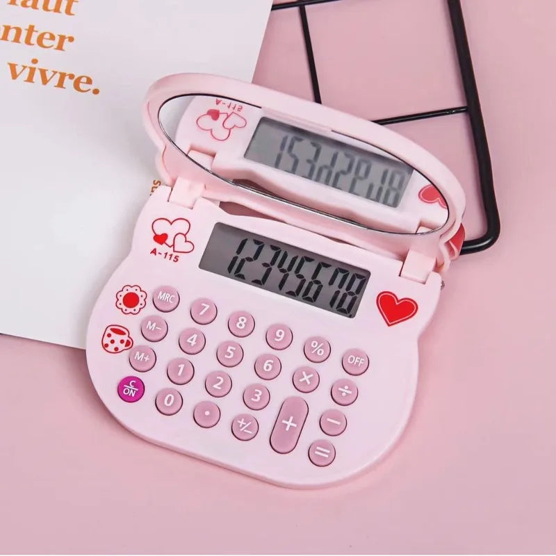 Hello Kitty Cartoon Calculator Cute and Portable Flip-Top Mirror Calculator Small Mini Makeup Mirror Qme