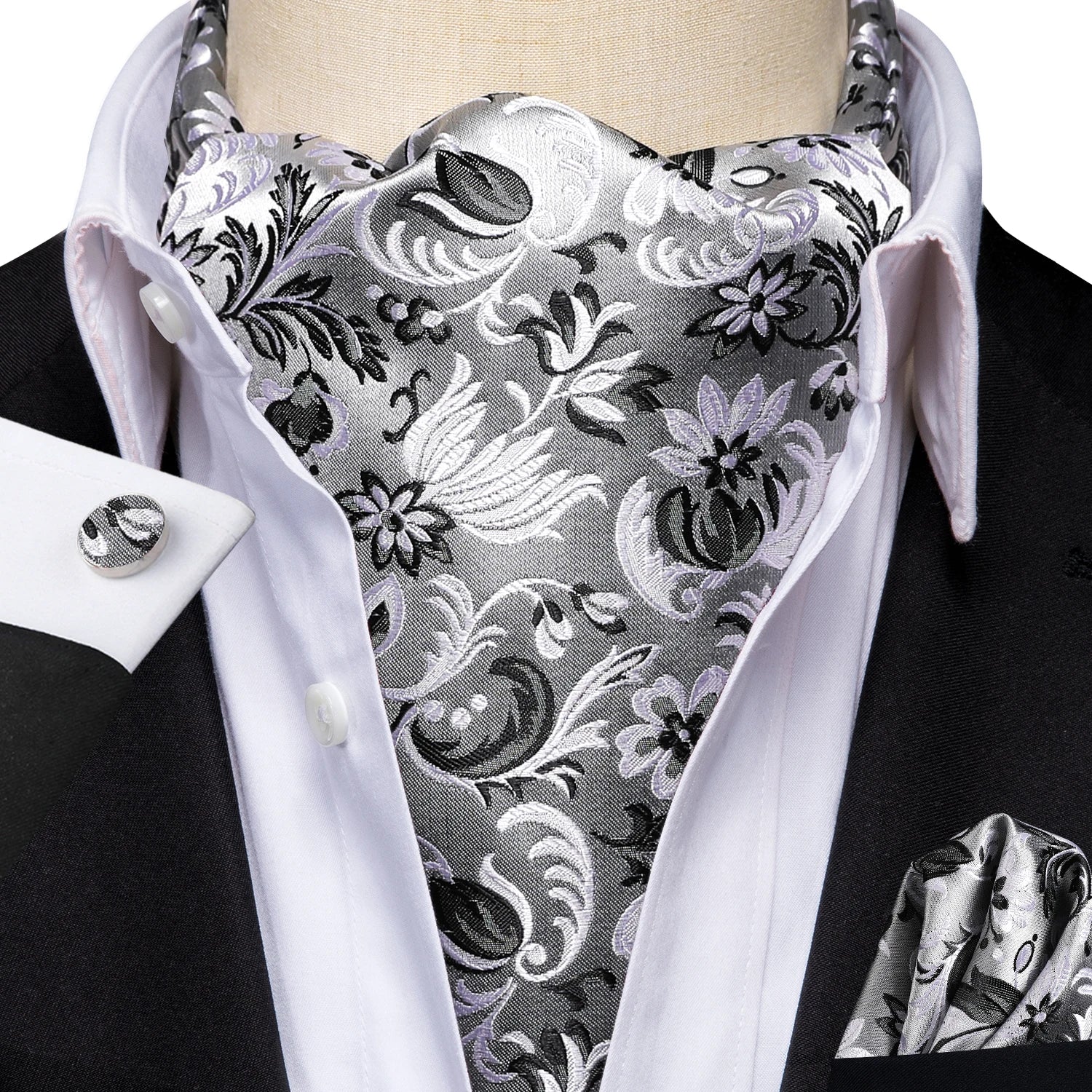 Silk Mens Ascot Black Pink Blue Red Gold Green Purple White Beige Cravat Tie Hanky Cufflinks for Male Wedding Business Prom Gift Qme AS-1096