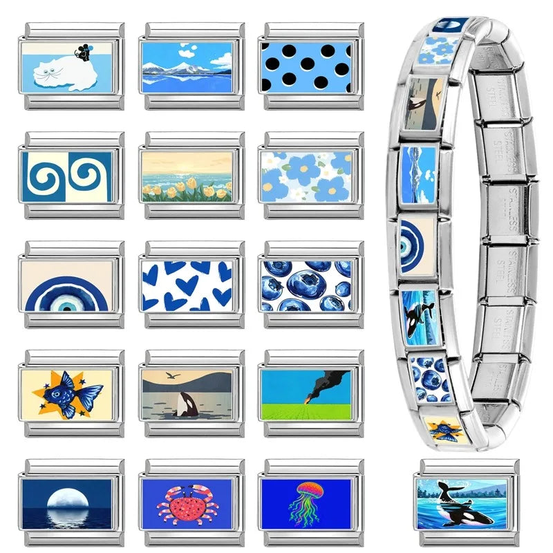 Fashion Blue Series Cartoon Shark Sea Seagull Crab Italian Charm Links Fit 9mm Stainless Steel Bracelet Jewelry DIY Making Beads Qme