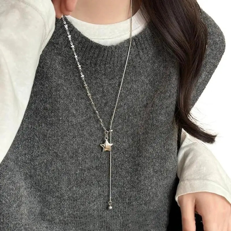 Silver Color Asymmetrical Star Pendant Adjustable Snake Chain Necklace For Women Qme