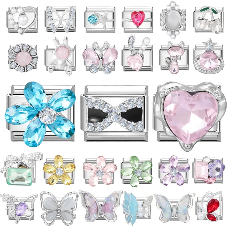 Zircon Bow Knot Blue Flowers Pink Heart Purple Butterfly Italian Charm Links Fit 9mm Bracelet Stainless Steel DIY Making Gifts Qme