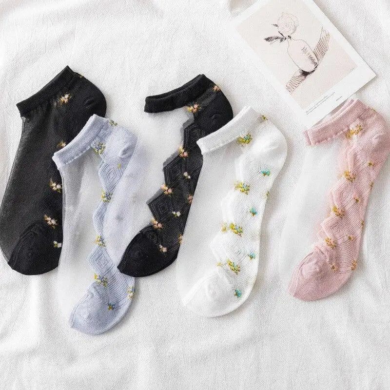 Women Fashion Summer Glass Stockings Thin Small Floral Card Silk Qme