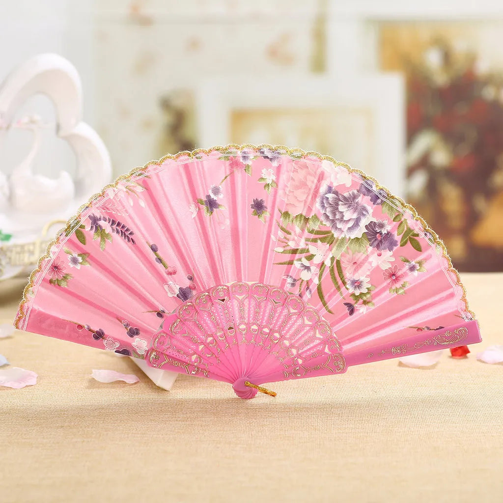 Best Dance Wedding Party Lace Silk Folding Hand Held Flower Fan Multi Color Patterned Plastic Folding Fan Dance Fan Qme Pink