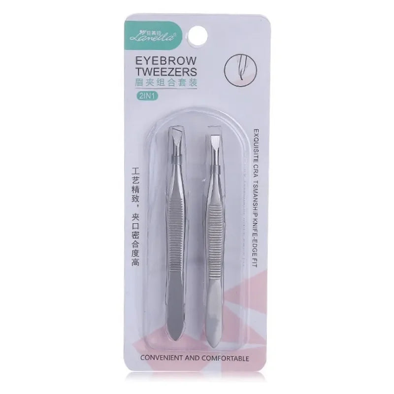 2Pcs/Set Professional Slanted/flat Stainless Steel Hair Removal Clip Eyebrow Face Hair Remover Tweezers Eyebrow Plucking Tools Qme 01
