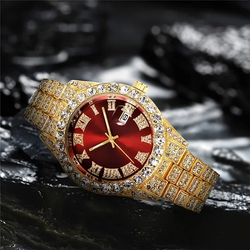 European and American men's personalized hip-hop feng shui ghost Roman diamond studded quartz watch men+hip-hop bracelet Qme
