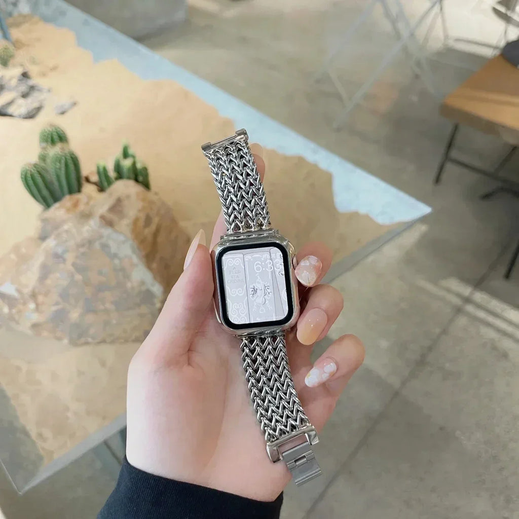 Luxury Stainless Steel Band For Apple Watch 9 8 7 6 SE 5 3 45/44/42/41mm Metal Braided Bracelet Correa iWatch Ultra 49mm 40 38mm Qme
